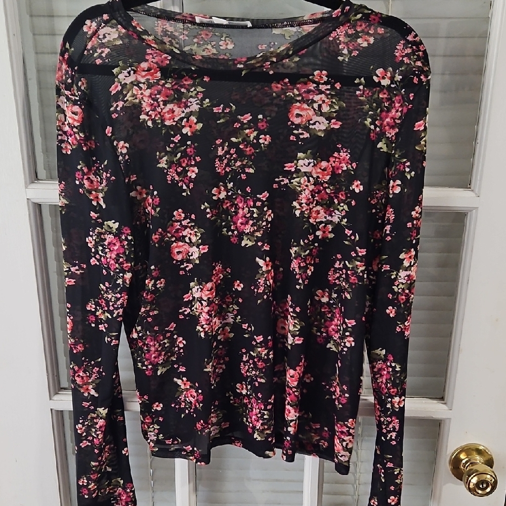 Alice Blue Semi-sheer Floral Black and Pink Blouse